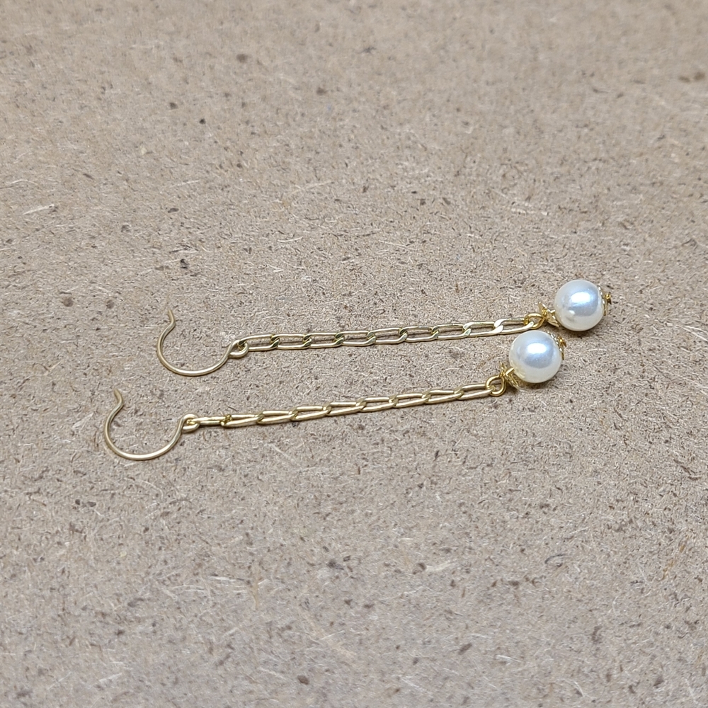 White Faux Pearls Goldfield Earrings 2-5/8"